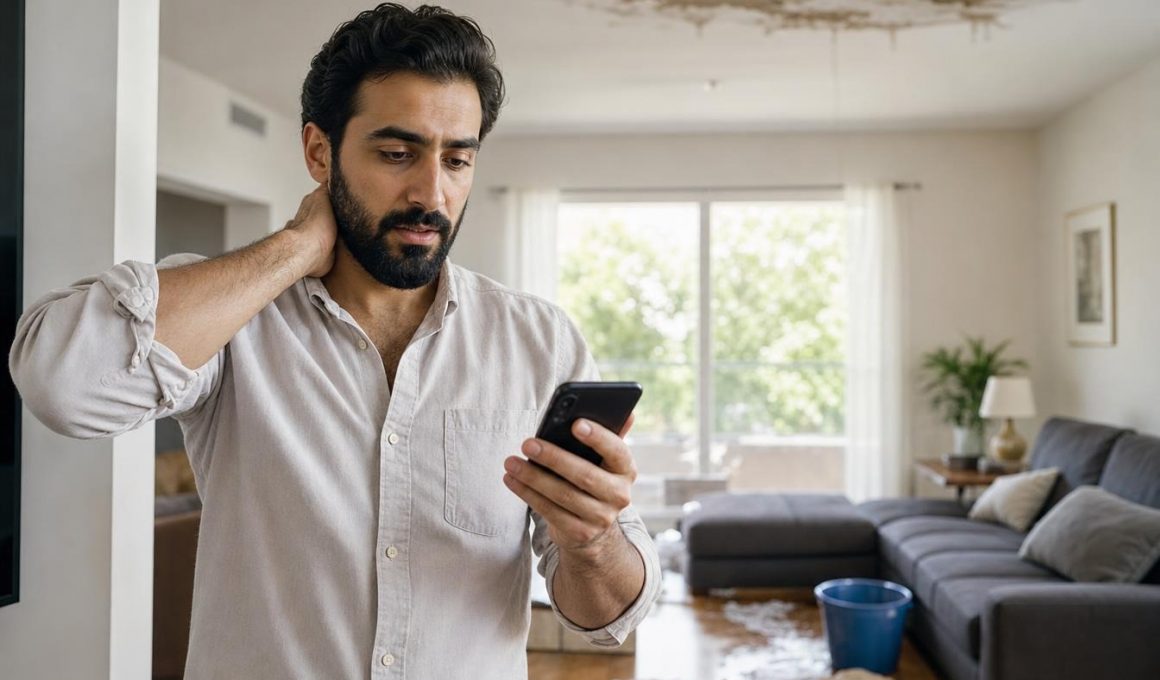 Homme inquiet consulte son téléphone dans un salon inondé