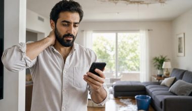Homme inquiet consulte son téléphone dans un salon inondé