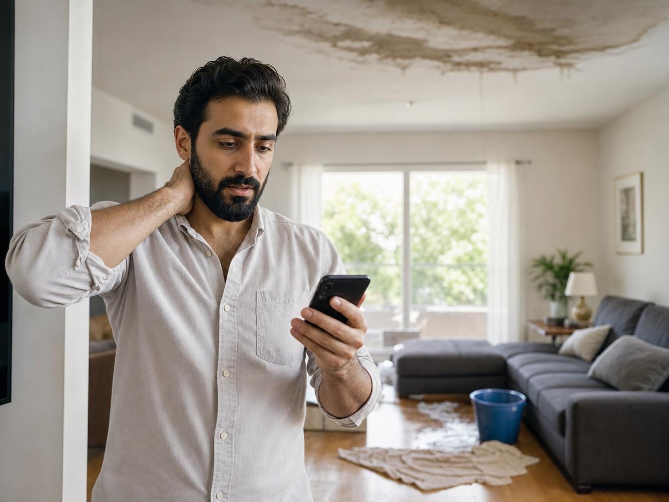 Homme inquiet consulte son téléphone dans un salon inondé