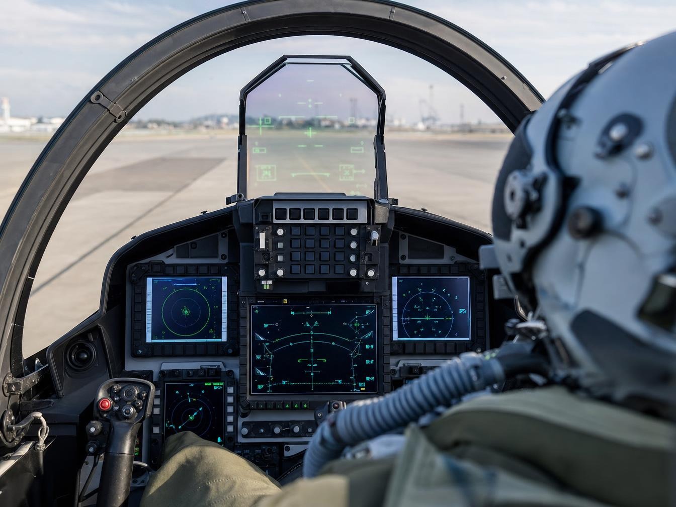 Cockpit d'un avion de combat avec écrans de vol et casque de pilote