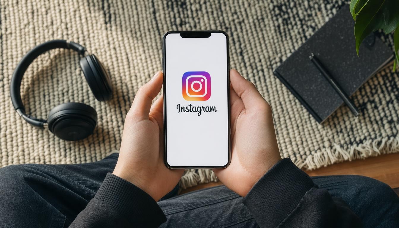 Mains tenant un smartphone dont l'écran affiche le logo Instagram, pour poser un sticker sondage en Story
