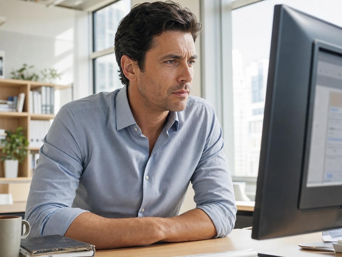 Homme concentré travaillant devant un écran au bureau