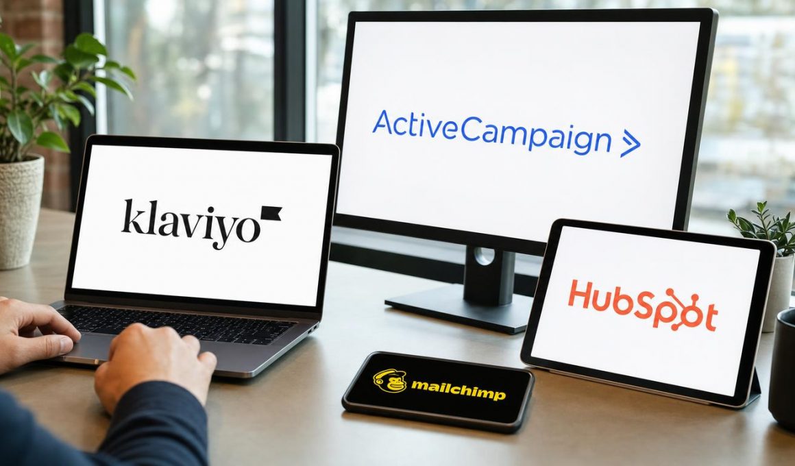Comparatif des outils IA d'email automation Klaviyo, ActiveCampaign, HubSpot et Mailchimp affichés sur laptop, moniteur, tablette et smartphone