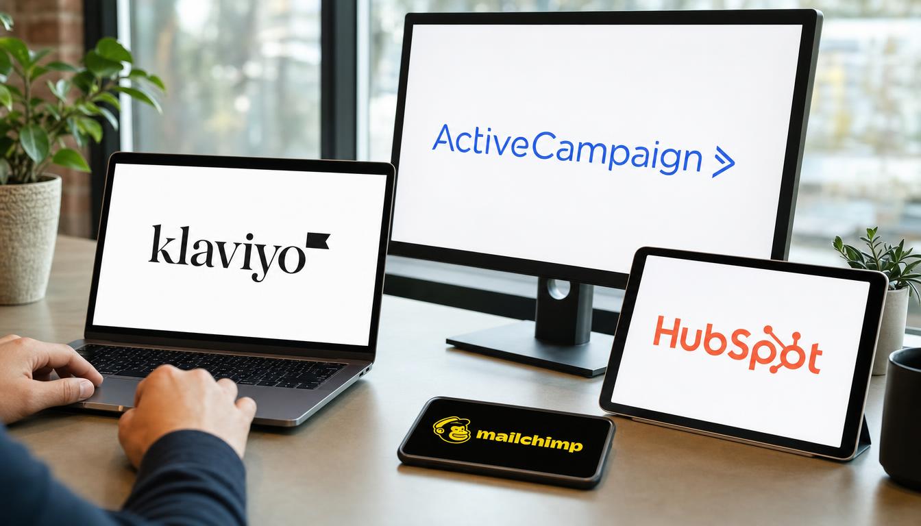 Comparatif des outils IA d'email automation Klaviyo, ActiveCampaign, HubSpot et Mailchimp affichés sur laptop, moniteur, tablette et smartphone