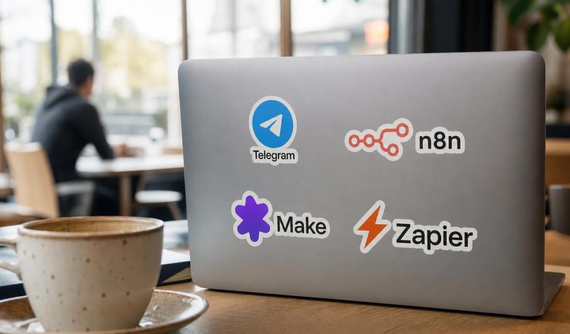 Ordinateur portable avec logos Telegram, n8n, Make et Zapier