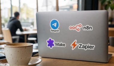 Ordinateur portable avec logos Telegram, n8n, Make et Zapier