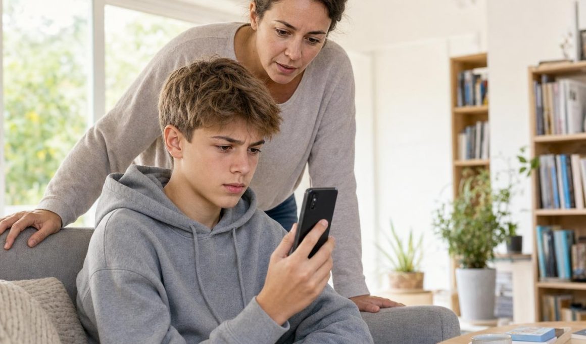 Adolescent tenant un smartphone affichant un écran de création de compte, sa mère penchée à ses côtés pour vérifier