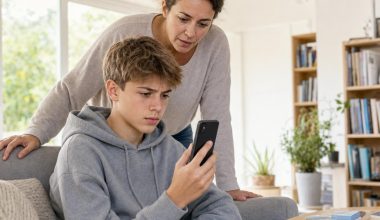 Adolescent tenant un smartphone affichant un écran de création de compte, sa mère penchée à ses côtés pour vérifier