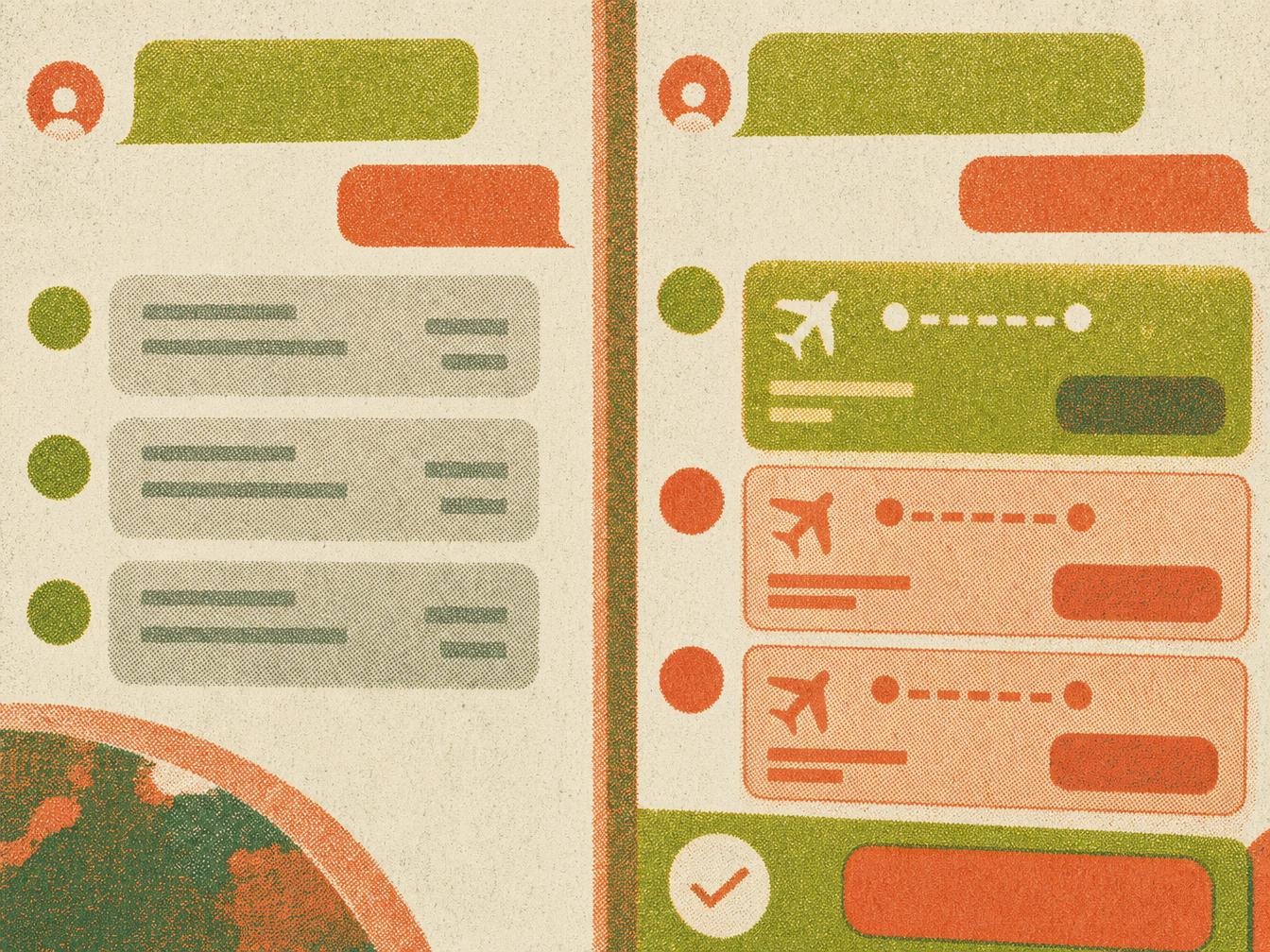 Illustration : un fil de conversation coupé en deux, texte brut à gauche et interface de réservation à droite