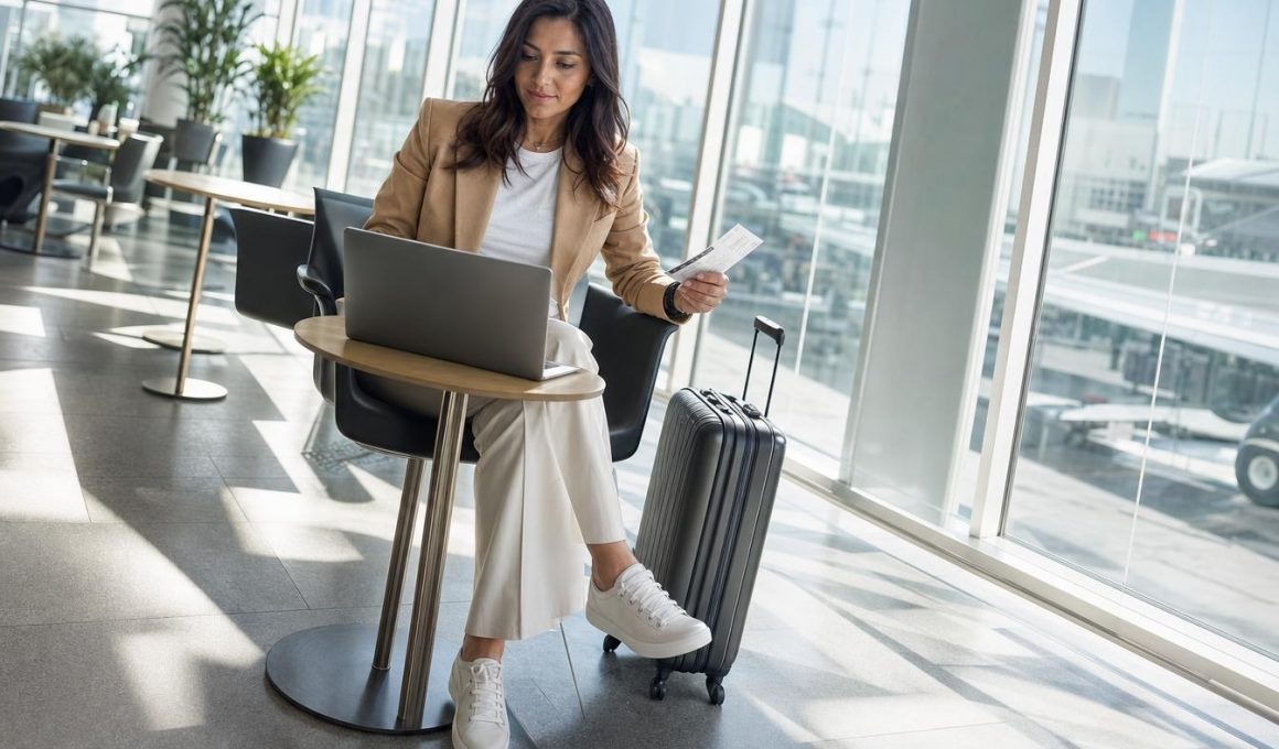 Voyageuse travaille sur son ordinateur dans un terminal d’aéroport