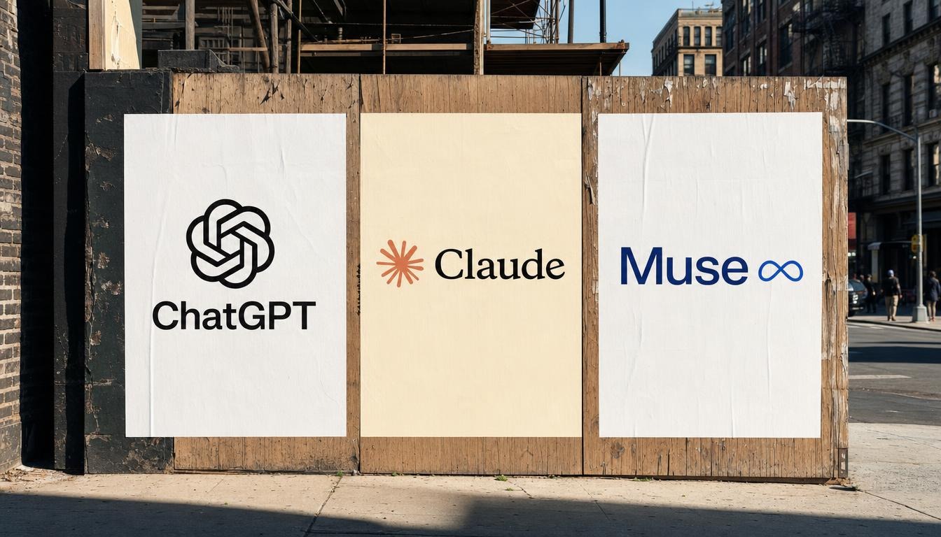 Trois panneaux de palissade de chantier affichant les logos ChatGPT, Claude et Muse