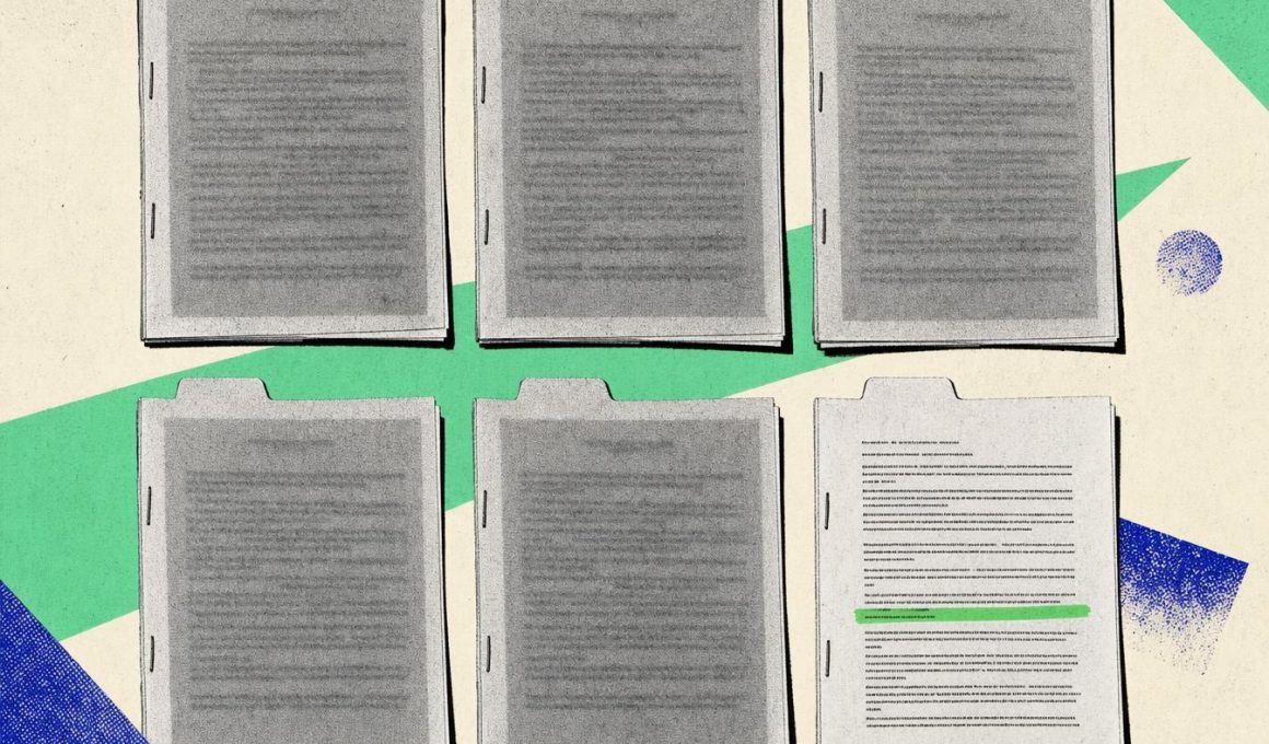 Six livres blancs agrafés dont cinq au texte flou et un au texte net surligné, image du PDF lisible par Google