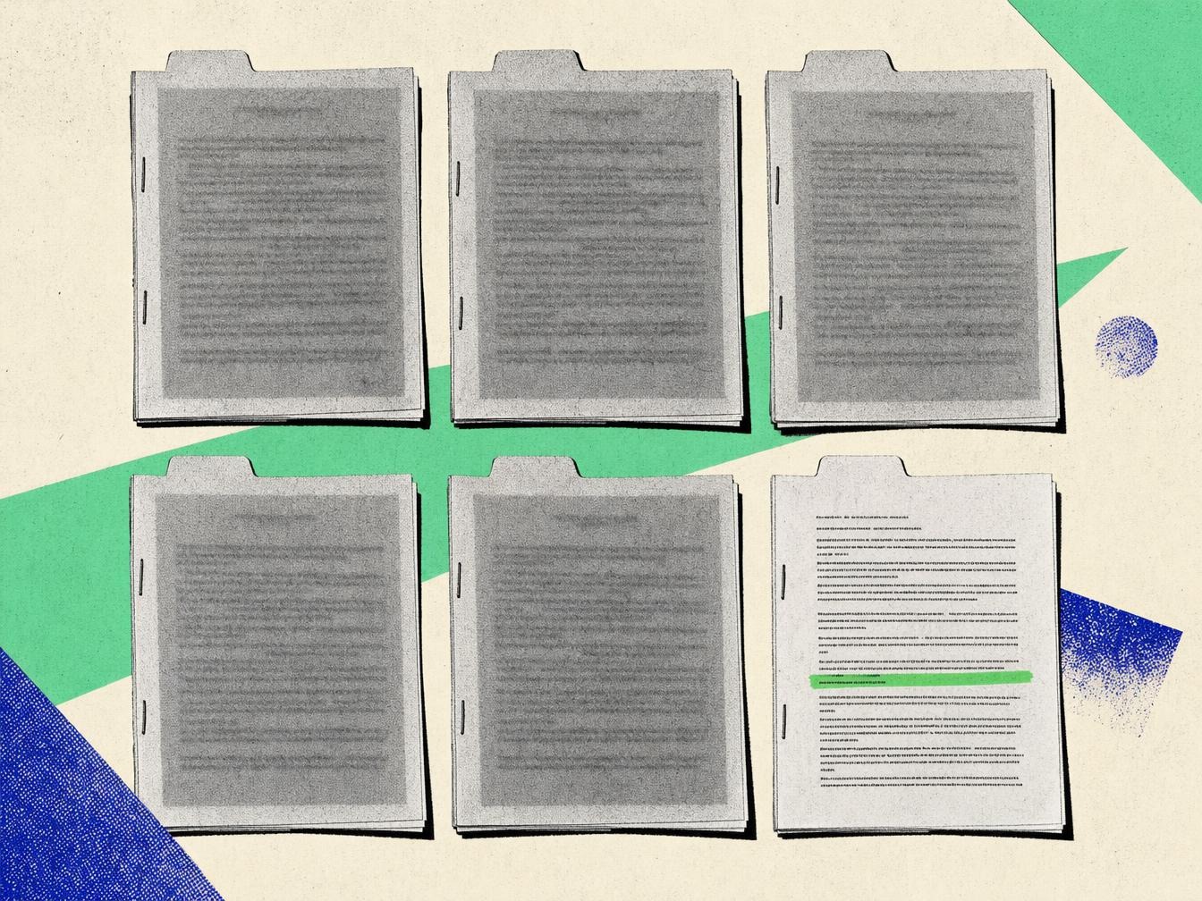 Six livres blancs agrafés dont cinq au texte flou et un au texte net surligné, image du PDF lisible par Google
