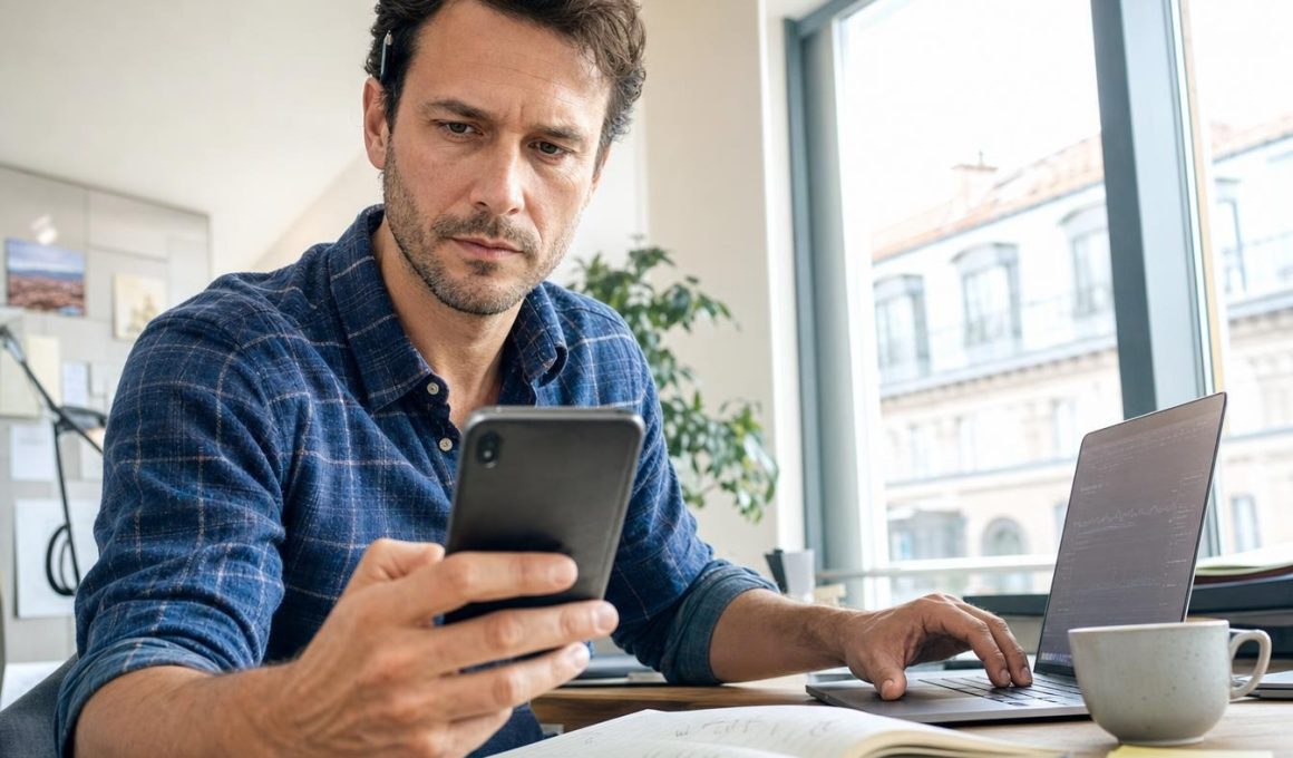 Un homme en chemise bleue consulte son smartphone, l'air concentré, à son bureau devant un ordinateur portable et un carnet de notes