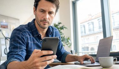 Un homme en chemise bleue consulte son smartphone, l'air concentré, à son bureau devant un ordinateur portable et un carnet de notes