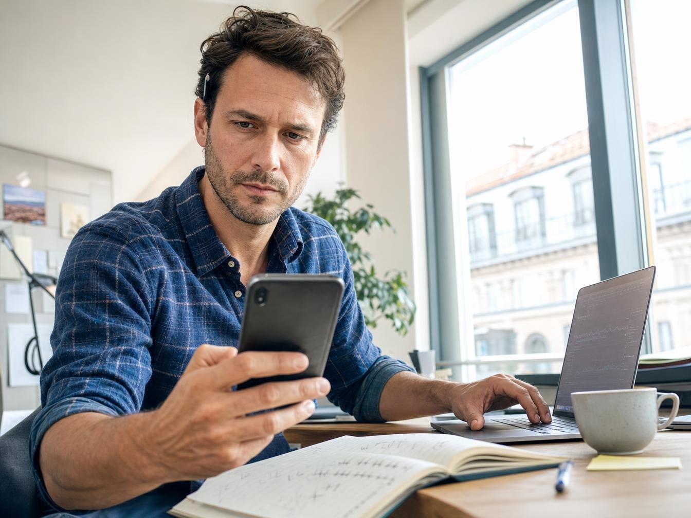 Un homme en chemise bleue consulte son smartphone, l'air concentré, à son bureau devant un ordinateur portable et un carnet de notes